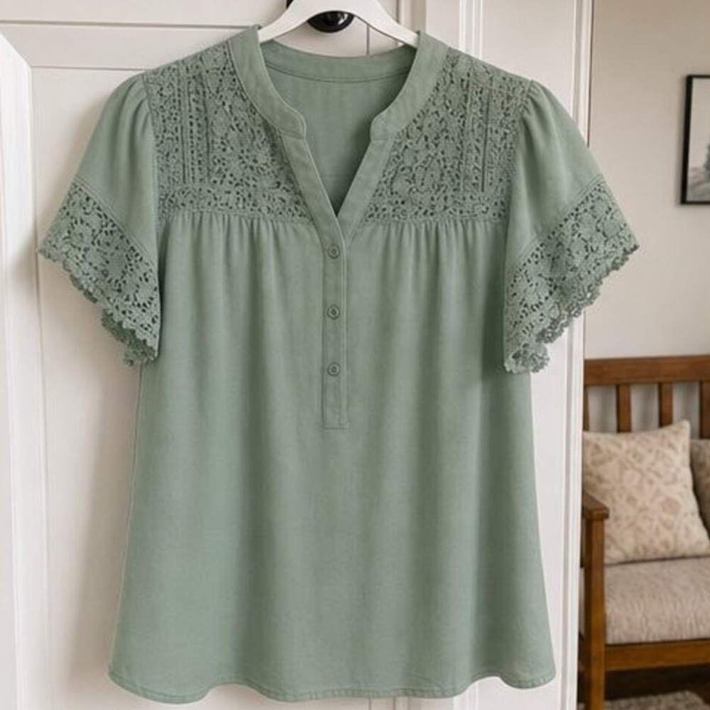 Lace Yoke Short Sleeve Mini Dress in Sage Green